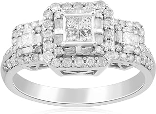 Jewelili 10K White Gold 1 Cttw Princess Cut Centre with Round and Baguette shape Natural White Diamonds Engagement Ring
