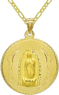 Pyramid Jewelry 14K Yellow Gold Virgin Mary Guadalupe Charm Pendant Necklace - 2.3 mm Figaro Chain