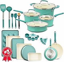 Cookware Set – 23 Piece –Green Multi-Sized Cooking Pots with Lids, Skillet Fry Pans and Bakeware – Reinforced Pressed Aluminum Metal - Suitable for Gas, Electric, Ceramic and Induction by BAKKEN Swiss