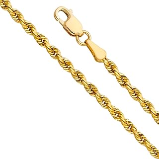 The World Jewelry Center 14k Real Yellow Gold Solid 3mm Rope Diamond Cut Chain Necklace with Lobster Claw Clasp