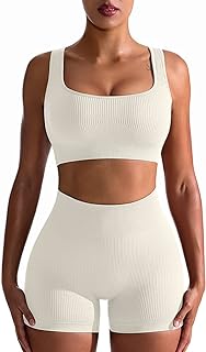 OQQ Workout Outfits for Women 2 Piece Seamless Ribbed High Waist Leggings with Sports Bra Exercise Set…