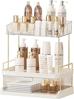hxbigjin Makeup Organizer for Vanity,Large Capacity Desk Storage with 1 Drawer for Dresser, Bathroom & Countertop,Great Holder with Removed Top Tray for Cosmetics,Perfume, Skincare&Toiletr（Clear）