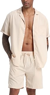RPOVIG Men's Linen Shirts Shorts Outfits Beach 2 Pieces Sets Button Down Suit Casual Summer Tracksuit Vacation Clothes