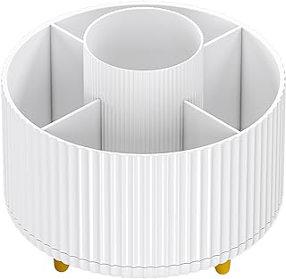 Makeup Brush Holder Organizer, 360° Rotating Makeup Brush Organizer, Cosmetics and Perfume Organizer, Desktop Storage Tray for Cosmetics and Skincare, Bathroom Vanity Desktop Organizer, White