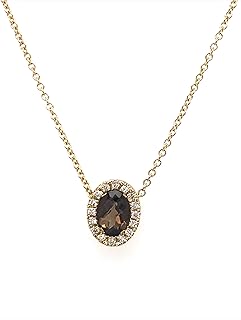 14K Yellow hammered gold oval smoky quartz and diamond halo necklace