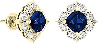 Dazzlingrock Collection 6mm Each Cushion Lab Created Gemstone & Round White Diamond Floral Style Stud Earrings for Her in Gold