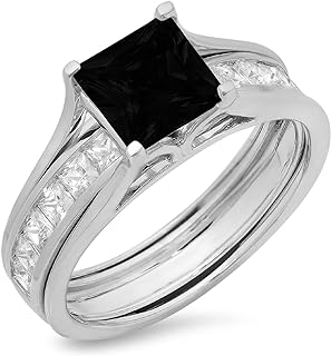 3.5 ct Princess Cut Pave Solitaire with Accent Genuine Flawless Natural Black Onyx Designer Statement Classic Engagement Bridal Sliding Ring Band wedding Set Solid 18K White Gold