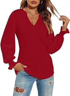 Romanstii Women's Casual V-Neck T-Shirts Loose Puff Long Sleeve Tops Tunic Blouses