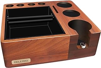 Espresso tamping station knock box,Walnut tamper station,Espresso station fit for storage 58mm tamper,distributor,portafilter,puck screen accessories,9 in 1 espresso knock box and tamper station