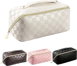 Makeup Bag - Large Capacity Travel Cosmetic Bag for Women, Multifunctional Open Flat Toiletry Bag with Handle, Washable Waterproof Beauty Zipper Makeup Organizer PU Leather, White