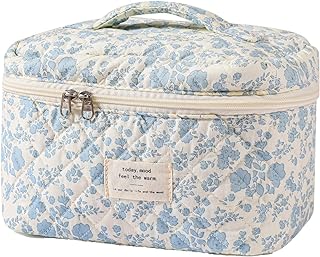 uekeboag Large Travel Quilted Makeup Bag for Women, Floral Cotton Cosmetic Bag, Coquette Aesthetic Floral Toiletry Organizer Bag (01Lithtblue-flower)