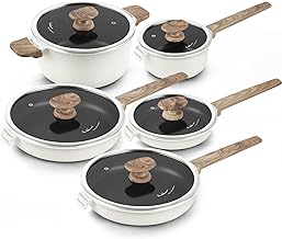 Nonstick Cookware Set Non Toxic 100% PFOA Free Compatible Induction Pots and Pans Sets with Glass Lid 10 Piece - Cream White & Black