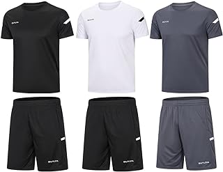 BUYJYA Men's Workout Clothes Athletic Shorts Shirt Set 3 Pack for Basketball Football Exercise Training Running Gym