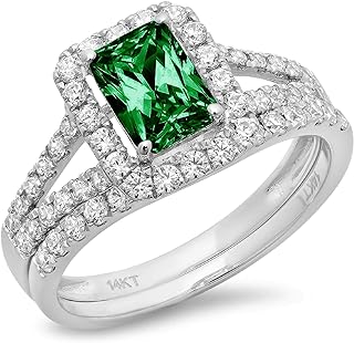 Clara Pucci 1.7 ct Emerald Round Cut Pave Halo Split Shank Solitaire Accent Genuine Flawless Simulated Emerald Designer Statement Classic Engagement Bridal Ring Band wedding Set Solid 18K White Gold