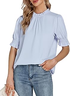 LYANER Women's Frill Mock Neck Pletaed Puff Short Sleeve Chiffon Blouse Shirt Top