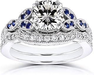 Kobelli Vintage Style Floral Cushion Moissanite (GH) with Sapphire and Diamond Accents Bridal Set 1 1/2 Carat TGW in 14k White Gold
