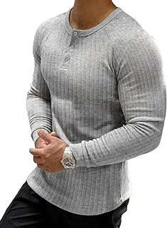 Men's Ribbed Henley Shirt Slim Fit Muscle Shirt Fitted Cotton Short&Long Sleeve Casual T-Shirt