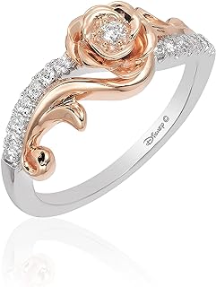 Jewelili Enchanted Disney Fine Jewelry 10K White and Rose Gold 1/5 Cttw Diamond Belle Rose Ring