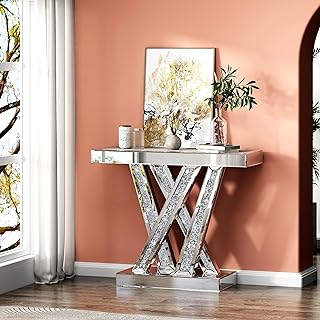Modern Console Table Mirrored Finished, Glam Style W Silver Entryway Table Inlay with Sparkly Crushed Crystals, 35 inches Contemporary Accent Table for Living Room Hallway Entrance