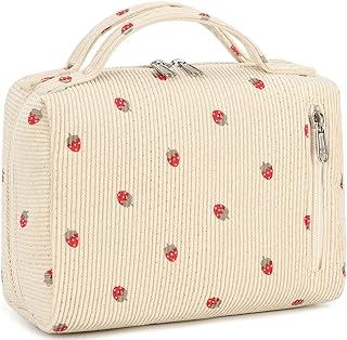 Bluboon Makeup Bag Zipper Pouch Travel Portable Cosmetic Bag Organizer for Women and Girls(Strawberry Corduroy beige)