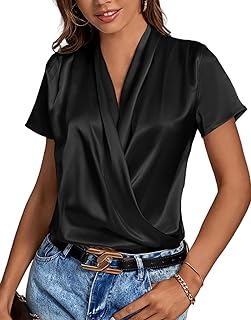 LYANER Women's Satin V Neck Short Sleeve Wrap Elegant Blouse Shirt