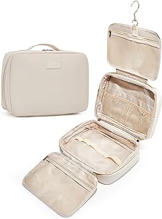 EACHY Travel Toiletry Bag with Hanging Hook, Portable Makeup Cosmetic Bags for Women, Water-Resistant Full-Size Travel Accessories (Beige)
