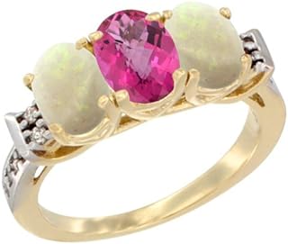 Silver City Jewelry 14K Yellow Gold Natural Pink Topaz & Opal Sides Ring 3-Stone Oval 7x5 mm Diamond Accent, Sizes 5-10