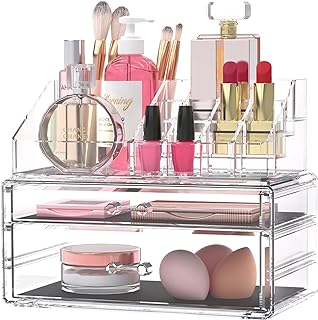 Harmon Wandyer Clear Acrylic Makeup Organizer with 2 Drawers and Removable of Top Lipstick Holders, Stackable Clear Makeup Holder, Great Holder for Dresser, Bathroom, Vanity & Countertop