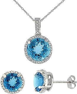 Silver City Jewelry 10K White Gold Diamond Natural Swiss Blue Topaz 7mm Earrings & 11mm Pendant Round Set