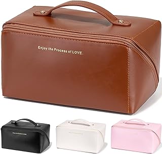 MIDDLE BUBBLE Travel Makeup Bag, Large Travel Cosmetic Bags for Women, Open Flat Makeup Organizer Bag, Waterproof Travel Toiletry Bag (Brown)