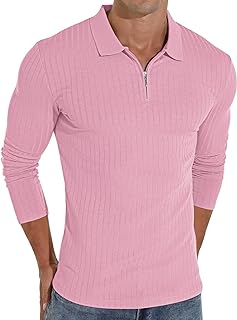 Zipper Polo Shirts for Men Slim Fit Shirts Casual Stretch Ribbed Knit Zip Shirt