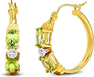14k Yellow Gold Hoop Earrings, Genuine Gemstone Green Peridot Hoop Earrings, Peridot and Real Diamond Earrings, Peridot Jewelry For Women, August Birthstone Jewelry For Women - Bride, Birthday