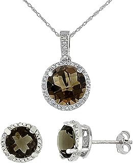 Silver City Jewelry 10K White Gold Diamond Natural Smoky Topaz 7mm Earrings & 11mm Pendant Round Set