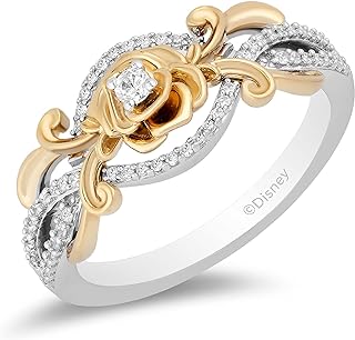 Jewelili Enchanted Disney Fine Jewelry 10K Yellow Gold and Sterling Silver 1/5 Cttw Natural White Round Diamond Belle 30th Rose Ring
