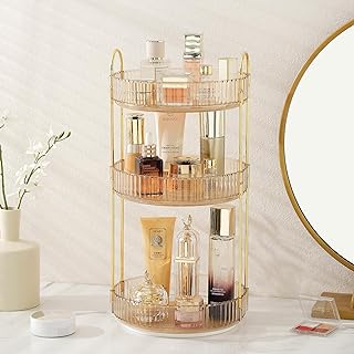 Aveniee 360 Rotating Makeup Organizer for Vanity, Skincare Make Up Organizers Large, Spinning Bathroom Counter Organizer Shelf Holder for Cosmetics, Skin Care, Lipsticks(3 Tiers, Gold)