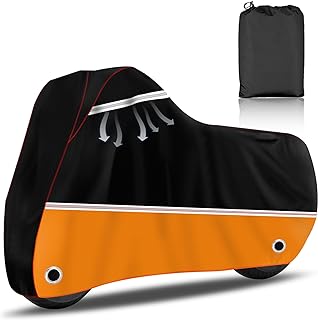 AUTOLION Motorcycle Cover,Outdoor Waterproof All Season Weather Protection Cover with Slanted Line Splicing M,Fit up to 87'' Harley Davidson,Yamaha, Honda, Suzuki, Kawasaki (Black&Orange)