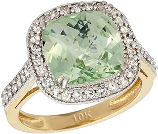Silver City Jewelry 10k Yellow Gold Diamond Halo Genuine Green Amethyst Ring Cushion-Cut 9x9mm Size 9