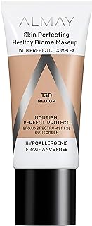 Almay Skin Perfecting Healthy Biome Foundation Makeup with Prebiotic Complex SPF 25, Hypoallergenic, -Fragrance Free, 130 Medium, 1 fl. oz.