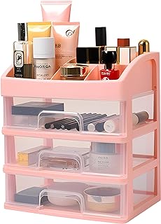 Makeup Organizer for Vanity, 4 Tiers Skincare Organizers with 3 Drawer, Cosmetic Display Cases for Eyeshadow, Brushes, Lipstick, Powders, Nail Polish Desk, Gift for Daughter and Girls