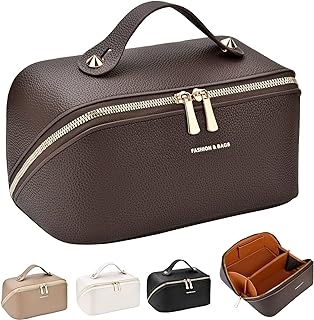 HUANLANG Large Capacity Travel Cosmetic Bag Portable Make up Bag Women Girls Makeup Organizer Bag Waterproof PU Leather Beauty Bag Flat Lay Makeup Bag with Handle and Divider