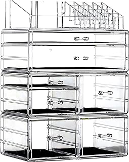 Cq acrylic Clear Makeup Storage Organizer Drawers Skin Care Large Cosmetic Display Cases Stackable Storage Box With 7 Drawers For Dresser,Set of 4