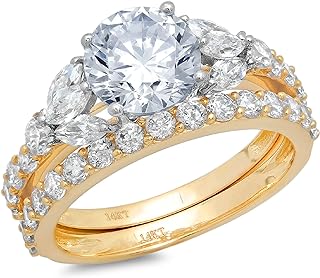 Clara Pucci 2.72ct Round Marquise Cut Solitaire 3 stone Accent Genuine Flawless Natural Aquamarine Engagement Promise Statement Anniversary Bridal Wedding Ring Band set Solid 18K 2 tone Gold