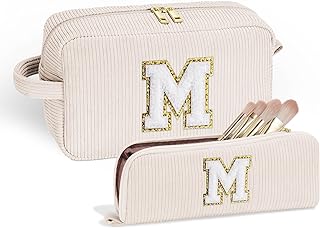 YOOLIFE Cute Gifts Travel Makeup Bag - White Makeup Bag Make Up Bag Travel Cosmetic Bags for Women Corduroy Makeup Bag Cute Makeup Bag Personalized Best Friend Birthday Gifts for Women Her Letter M