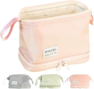 WEETEE Makeup Bag, Large Capacity Travel Cosmetic Bag, Double Layer Make Up Brush Bag With Wide-Open Design, Toiletry Bag For Women, Girls and Kids (Pink)