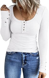 Kissfix Women's Long Sleeve Shirts Casual Fall Henley Top Button Down Blouses Basic Ribbed Knit T Shirts