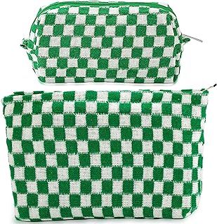 ZLFSRQ 2Pcs Checkered Makeup Bag for Women Large and Small Capacity Green Cosmetic Bag Set Travel Makeup Pouch for Purse Zipper Toiletry Organizer Cute Y2K Aesthetic Girls Makeup Brushes Storage Bag