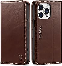 SHIELDON Case for iPhone 15 Pro Max 5G 2023, Genuine Leather Flip Wallet Magnetic Cover Kickstand RFID Blocking Credit Card Holder Protective Case Compatible with iPhone 15 Pro Max 6.7" - Retro Coffee