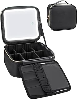 Relavel Makeup Bag with Light Up Mirror, Makeup Case Travel Cosmetic Bags Brush Organizer Storage Box, Rechargeable Vanity Mirror with 3 Color Lights, High Frame Mirror Protection (Black)