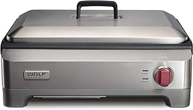 Wolf Gourmet Precision Electric Griddle, Indoor Grill, 200 sq. in, Nonstick Coating, Advanced Temperature Control, Stainless Steel, Red Knob (WGGR100S)
