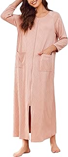 Ekouaer Zipper Robes for Women Ribbed Knit Bathrobe Lightweight Full Length Loungewear with Pockets S-3XL